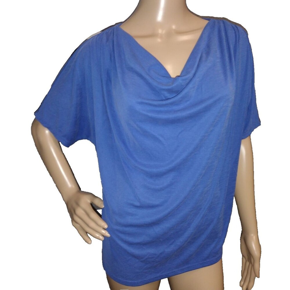 Green Envelope Women's Medium Blue Cowl Neck Draped Short Sleeve Blouse